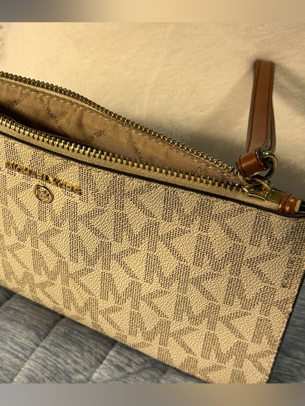 Michael Kors large wristlet with Brown Leather Strap and Gold Hardware